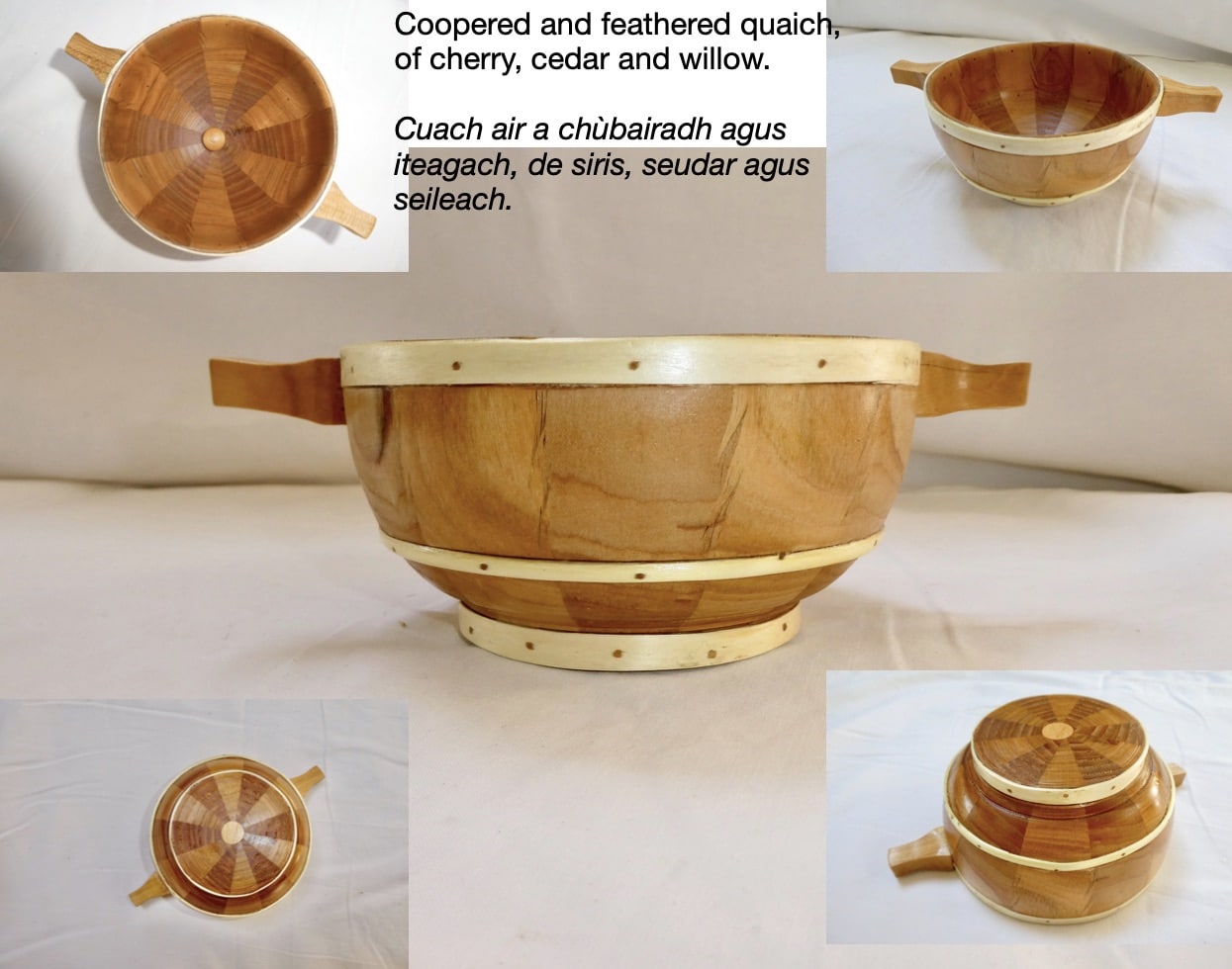 Coopered and feathered Quaich of Cherry, Cedar and Willow