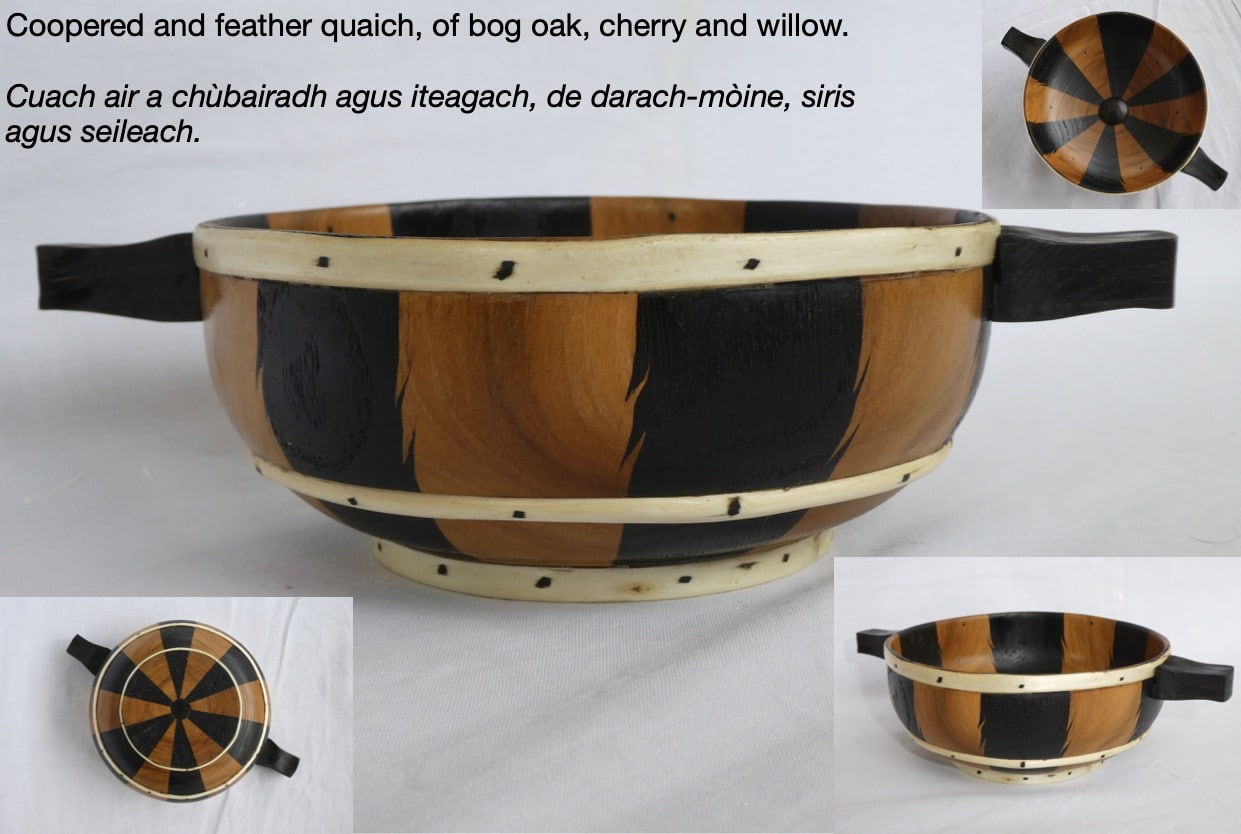 Coopered and feather Quaich of Bog Oak, Cherry and Willow