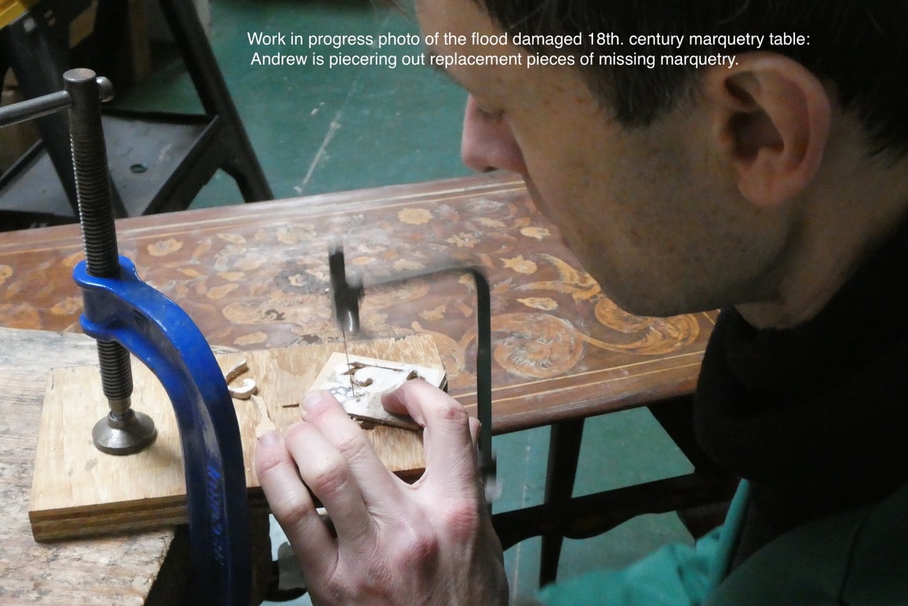 Work in progress on the flood damaged 18th century marquetry table