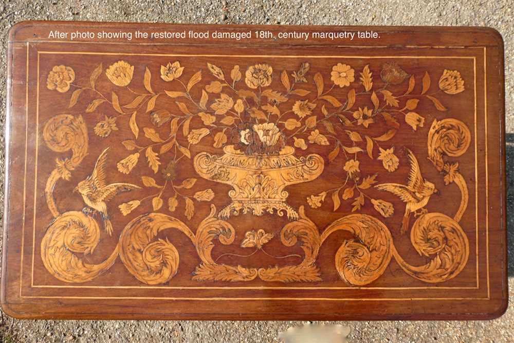 After photo showing the restored flood damaged 18th century marquetry table.